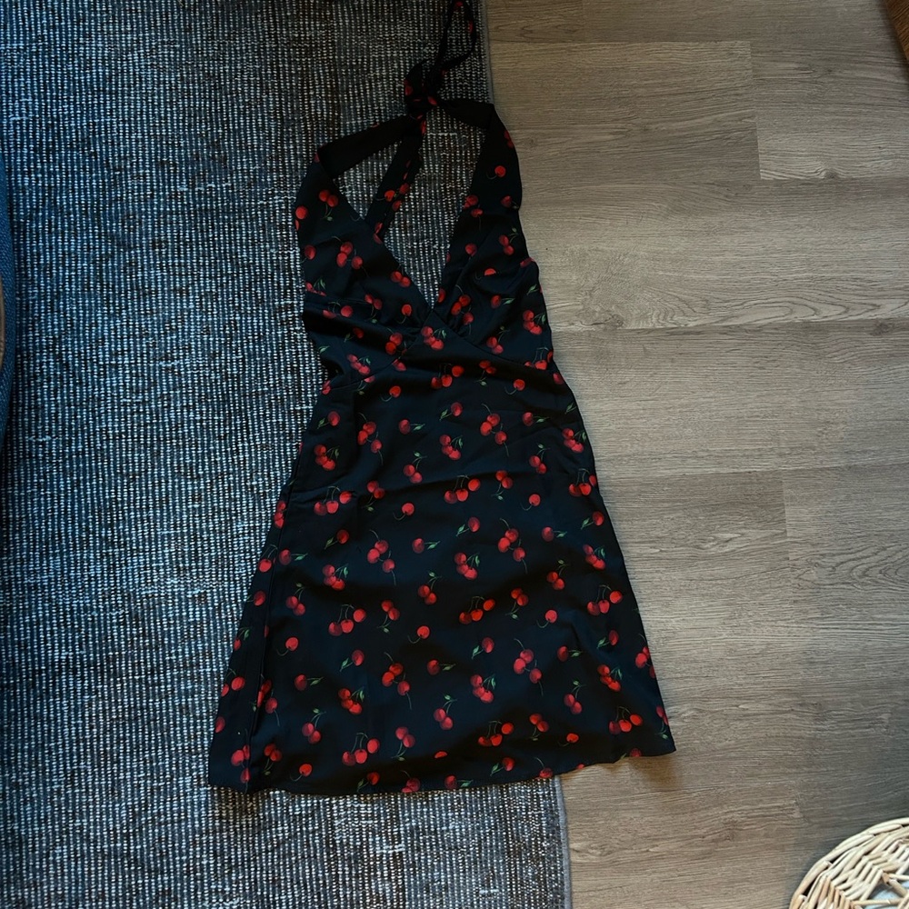 <70/21> Black Halter Mini Dress with Red Cherry Print